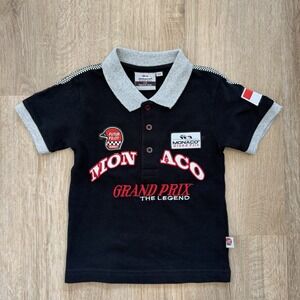 Monaco F1 Grand Prix Black Polo Shirt Embroidered Logos Boys Sz 4 Racing